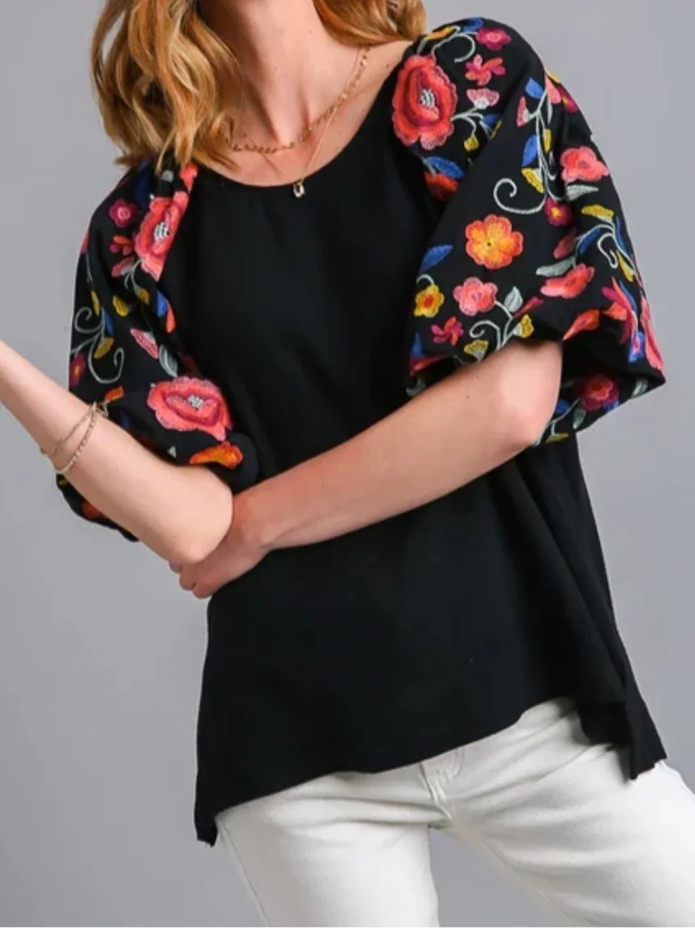 Umgee Black Embroidered Sleeve Top - Picture 1 of 8